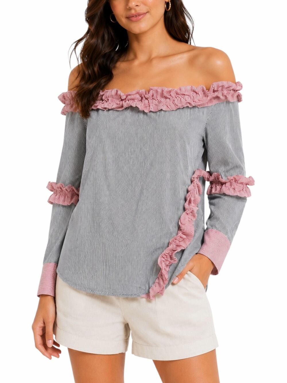 Walter Baker Derrick Striped Ruffle Off Shoulder Top Size S